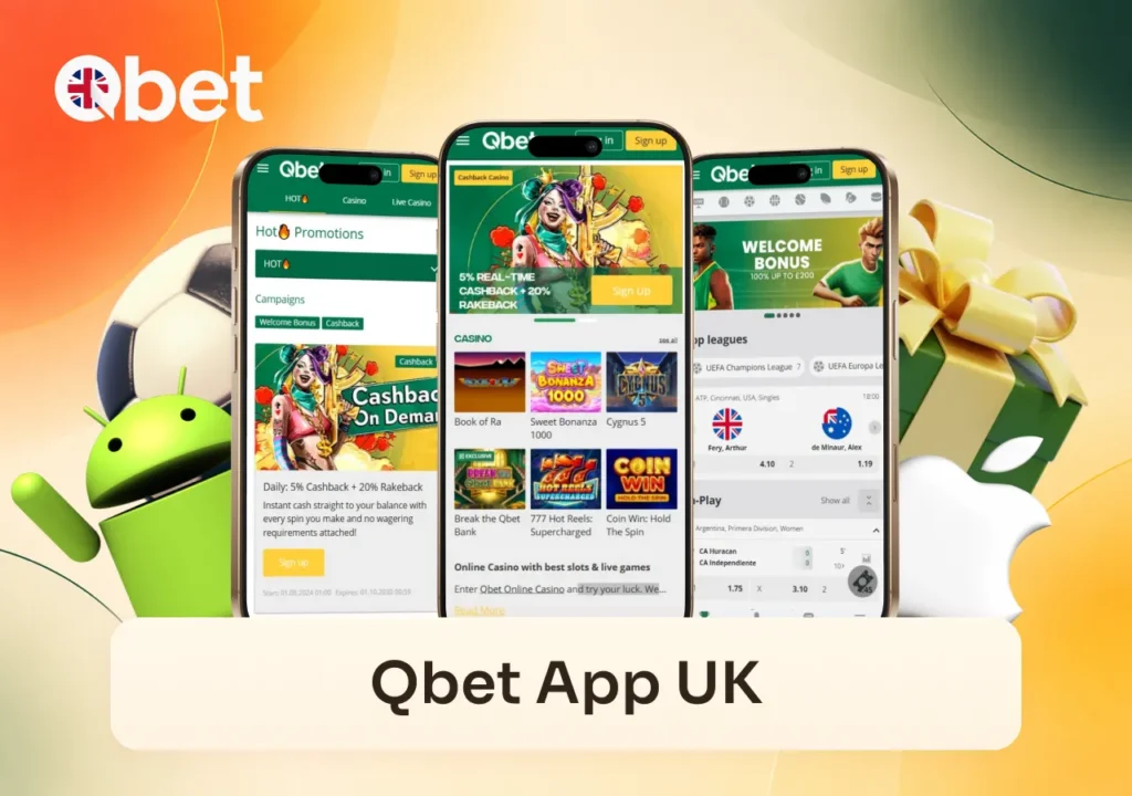 Qbet Casino app displays the home screen, casino slots and sports betting across three phones.