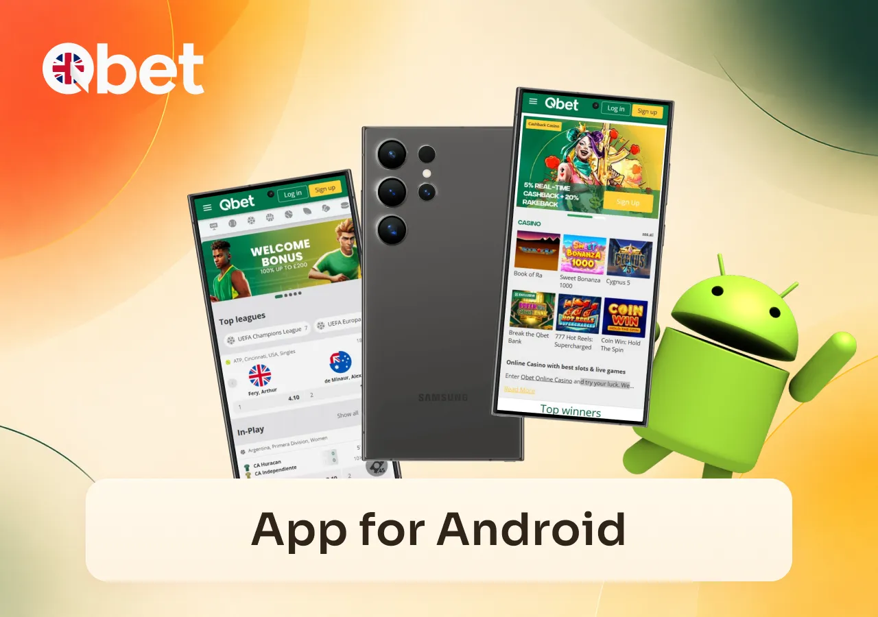 The Qbet Casino app adapts to Android devices with casino and sports betting screens.