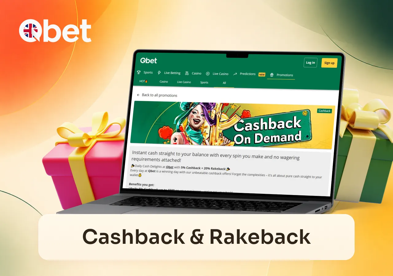 Cashback and rakeback offers are displayed on a laptop screen with festive casino-themed gifts.
