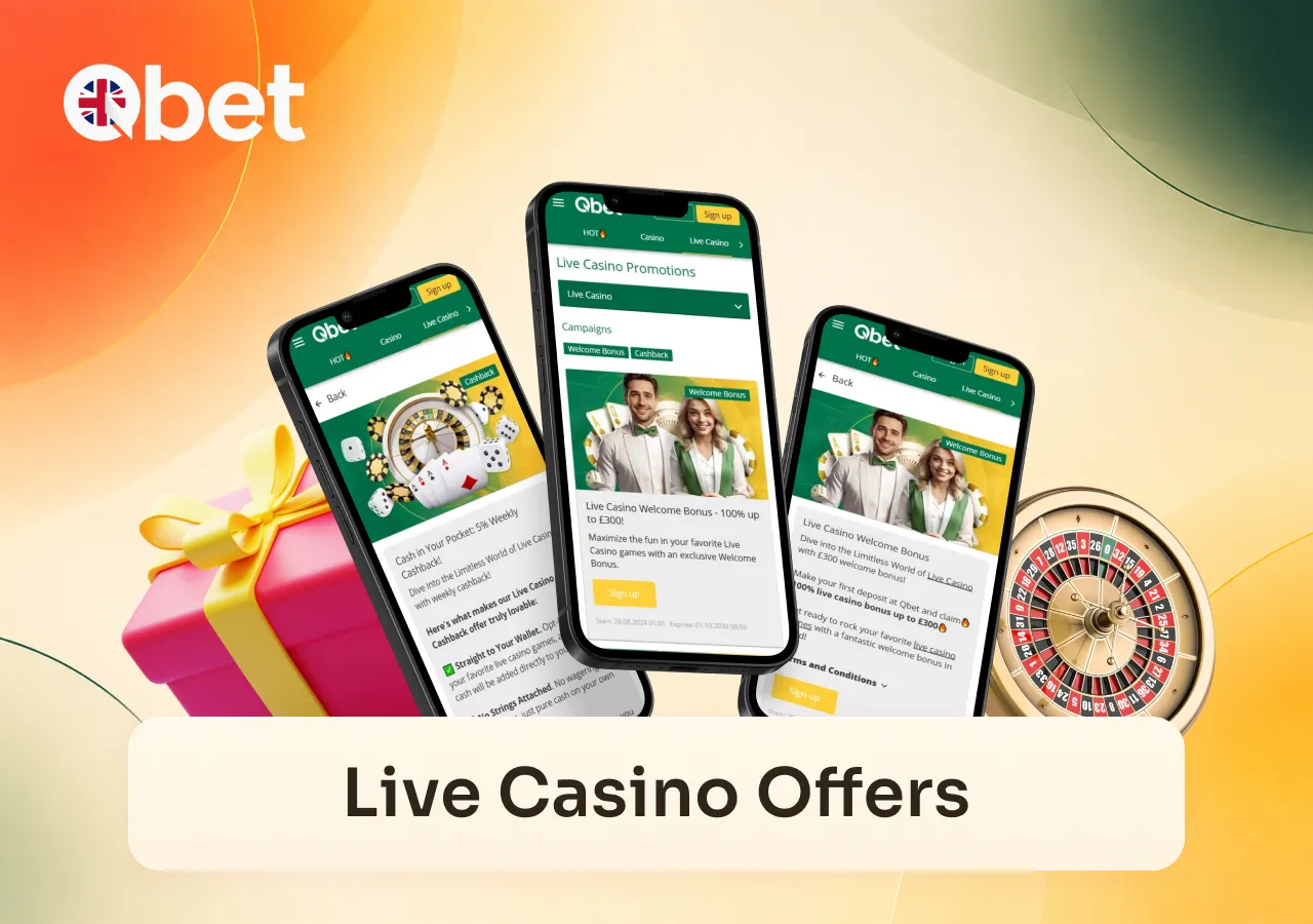 Qbet Casino presents live casino offers across mobile screens with roulette and promotional bonuses.