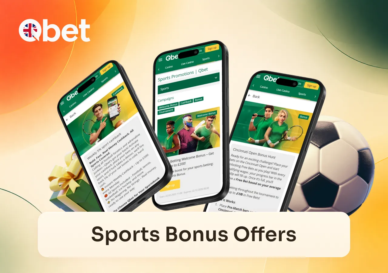 Sports betting bonuses and promotional offers are shown on a Qbet Casino website page.